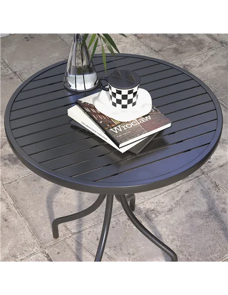 Outsunny 66cm Patio Table, Round Garden Table, Outdoor Side Table with Steel Frame and Slat Tabletop, Black