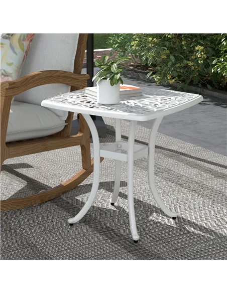 Outsunny Cast Aluminium Bistro Table, Outdoor Square Side Table with Umbrella Hole, Garden Table for Balcony, White