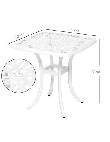 Outsunny Cast Aluminium Bistro Table, Outdoor Square Side Table with Umbrella Hole, Garden Table for Balcony, White