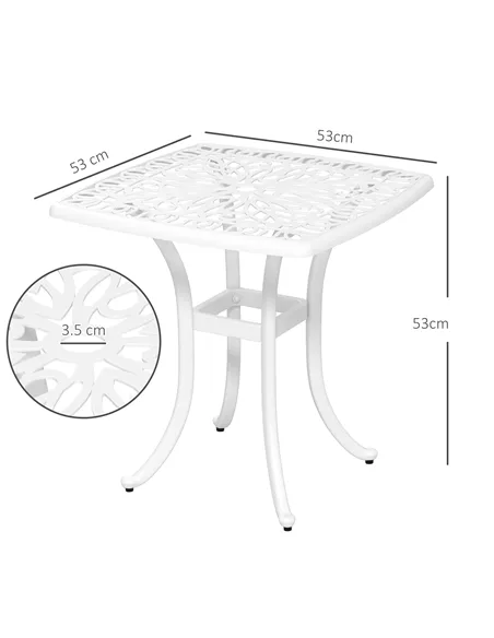 Outsunny Cast Aluminium Bistro Table, Outdoor Square Side Table with Umbrella Hole, Garden Table for Balcony, White