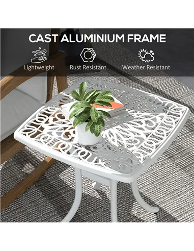 Outsunny Cast Aluminium Bistro Table, Outdoor Square Side Table with Umbrella Hole, Garden Table for Balcony, White