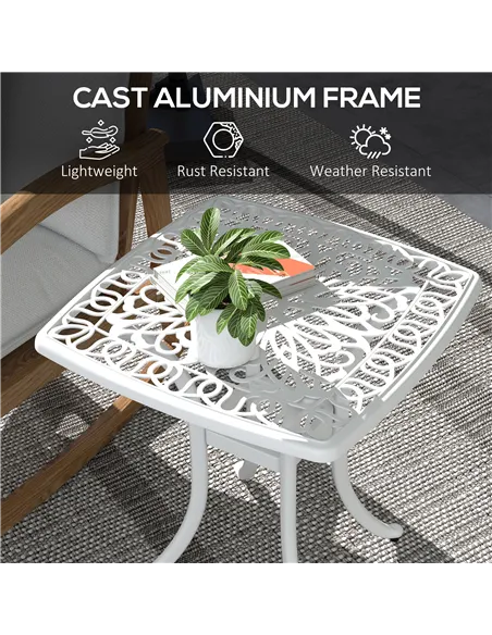 Outsunny Cast Aluminium Bistro Table, Outdoor Square Side Table with Umbrella Hole, Garden Table for Balcony, White