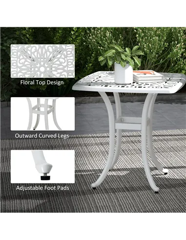 Outsunny Cast Aluminium Bistro Table, Outdoor Square Side Table with Umbrella Hole, Garden Table for Balcony, White