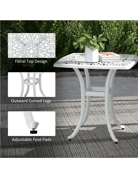 Outsunny Cast Aluminium Bistro Table, Outdoor Square Side Table with Umbrella Hole, Garden Table for Balcony, White