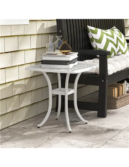 Outsunny Cast Aluminium Bistro Table, Outdoor Square Side Table with Umbrella Hole, Garden Table for Balcony, White