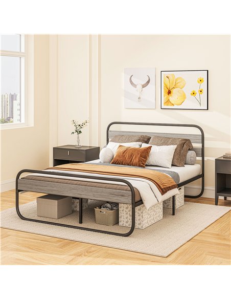 HOMCOM 4ft6 Double Bed Frame, Industrial Style Metal Platform Bed Frame with Under Bed Storage, No Box Spring Needed, Easy Assem