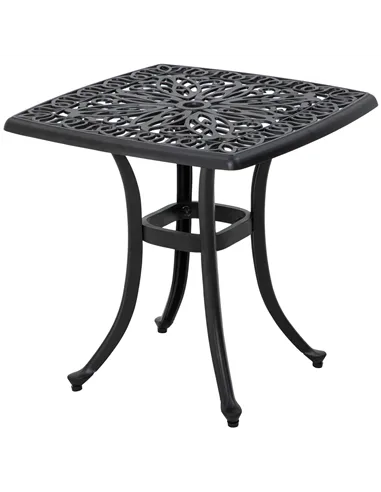 Outsunny Cast Aluminium Bistro Table, Outdoor Square Side Table with Umbrella Hole, Garden Table for Balcony, Black