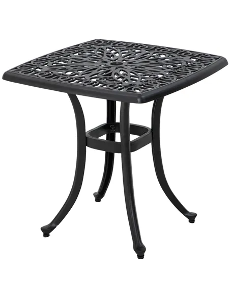 Outsunny Cast Aluminium Bistro Table, Outdoor Square Side Table with Umbrella Hole, Garden Table for Balcony, Black