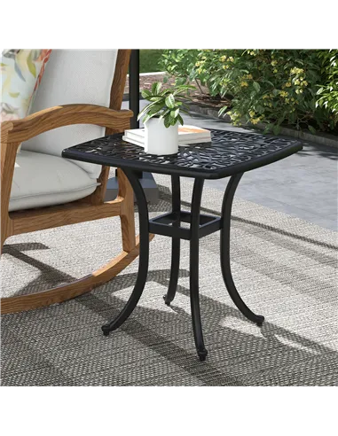 Outsunny Cast Aluminium Bistro Table, Outdoor Square Side Table with Umbrella Hole, Garden Table for Balcony, Black