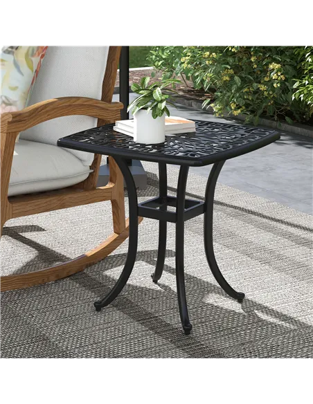 Outsunny Cast Aluminium Bistro Table, Outdoor Square Side Table with Umbrella Hole, Garden Table for Balcony, Black