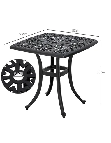 Outsunny Cast Aluminium Bistro Table, Outdoor Square Side Table with Umbrella Hole, Garden Table for Balcony, Black