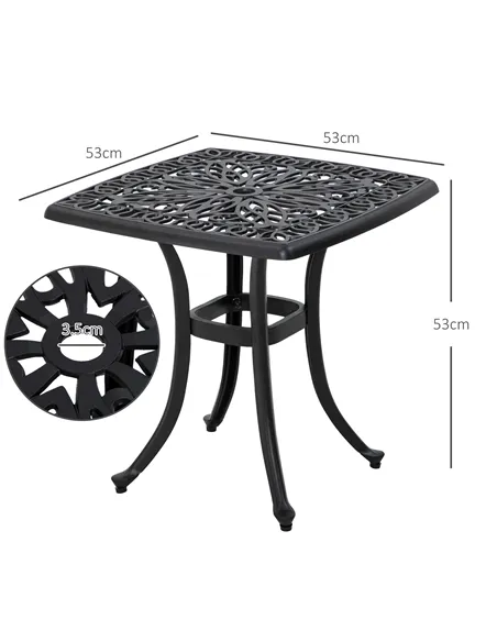 Outsunny Cast Aluminium Bistro Table, Outdoor Square Side Table with Umbrella Hole, Garden Table for Balcony, Black