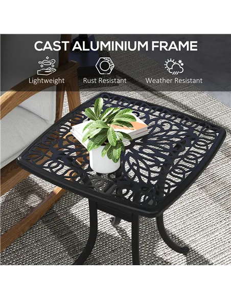 Outsunny Cast Aluminium Bistro Table, Outdoor Square Side Table with Umbrella Hole, Garden Table for Balcony, Black