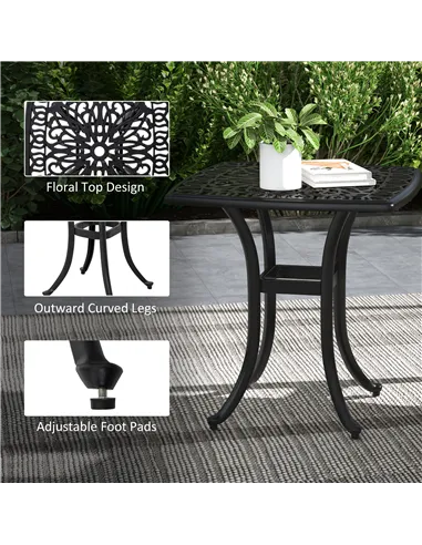 Outsunny Cast Aluminium Bistro Table, Outdoor Square Side Table with Umbrella Hole, Garden Table for Balcony, Black