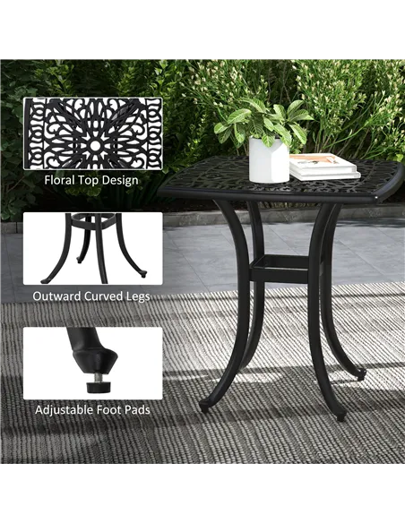 Outsunny Cast Aluminium Bistro Table, Outdoor Square Side Table with Umbrella Hole, Garden Table for Balcony, Black