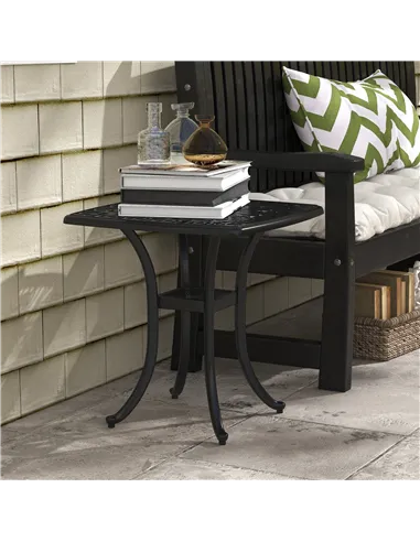 Outsunny Cast Aluminium Bistro Table, Outdoor Square Side Table with Umbrella Hole, Garden Table for Balcony, Black