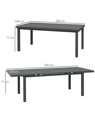 Outsunny Aluminium Garden Table for 6-8, 246 cm Extending Outdoor Dining Table Rectangle for Patio, Balcony - Charcoal Grey
