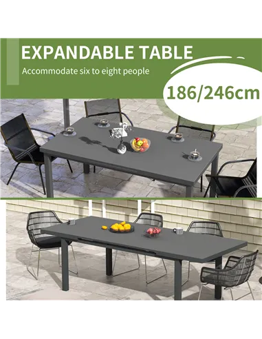 Outsunny Aluminium Garden Table for 6-8, 246 cm Extending Outdoor Dining Table Rectangle for Patio, Balcony - Charcoal Grey