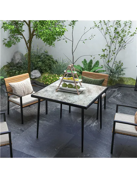 Outsunny Square Garden Table, Outdoor Dining Table for 4 with Marble Effect Tempered Glass Top and Steel Frame for Patio, Grey