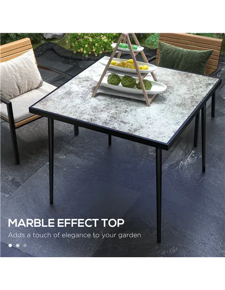 Outsunny Square Garden Table, Outdoor Dining Table for 4 with Marble Effect Tempered Glass Top and Steel Frame for Patio, Grey