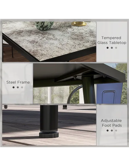 Outsunny Square Garden Table, Outdoor Dining Table for 4 with Marble Effect Tempered Glass Top and Steel Frame for Patio, Grey