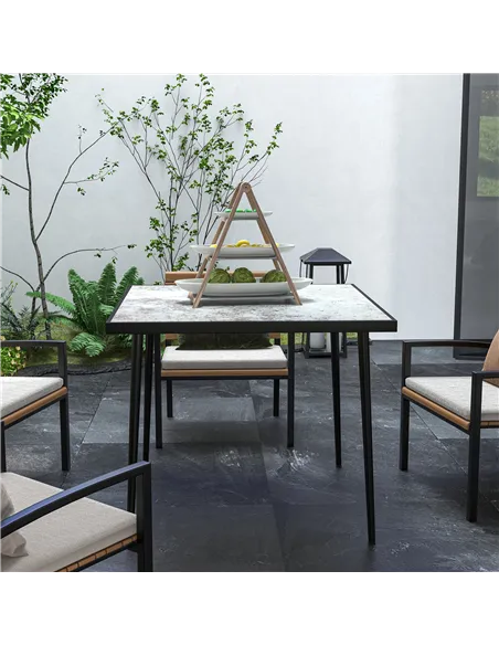Outsunny Square Garden Table, Outdoor Dining Table for 4 with Marble Effect Tempered Glass Top and Steel Frame for Patio, Grey