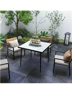Outsunny Square Garden Table, Outdoor Dining Table for 4 with Marble Effect Tempered Glass Top and Steel Frame for Patio, White 2