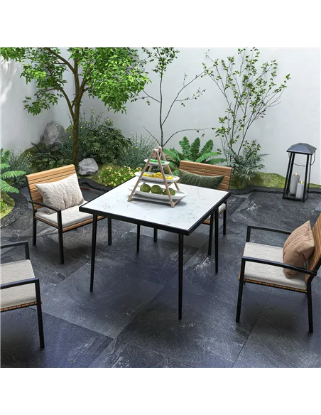 Outsunny Square Garden Table, Outdoor Dining Table for 4 with Marble Effect Tempered Glass Top and Steel Frame for Patio, White