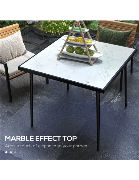Outsunny Square Garden Table, Outdoor Dining Table for 4 with Marble Effect Tempered Glass Top and Steel Frame for Patio, White