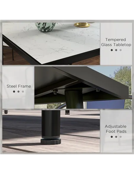Outsunny Square Garden Table, Outdoor Dining Table for 4 with Marble Effect Tempered Glass Top and Steel Frame for Patio, White