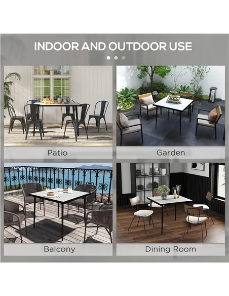 Outsunny Square Garden Table, Outdoor Dining Table for 4 with Marble Effect Tempered Glass Top and Steel Frame for Patio, White