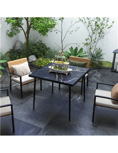 Outsunny Square Garden Table, Outdoor Dining Table for 4 with Marble Effect Tempered Glass Top and Steel Frame for Patio, Black