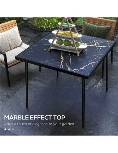 Outsunny Square Garden Table, Outdoor Dining Table for 4 with Marble Effect Tempered Glass Top and Steel Frame for Patio, Black