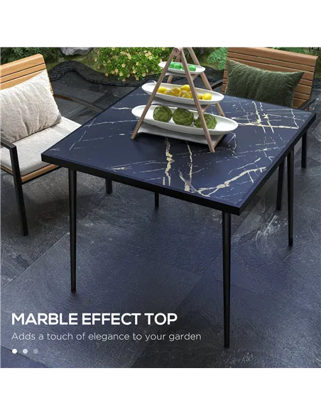 Outsunny Square Garden Table, Outdoor Dining Table for 4 with Marble Effect Tempered Glass Top and Steel Frame for Patio, Black