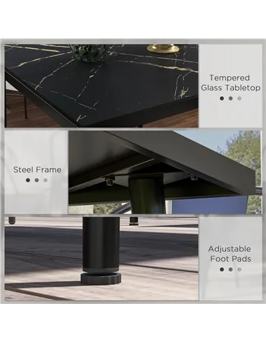 Outsunny Square Garden Table, Outdoor Dining Table for 4 with Marble Effect Tempered Glass Top and Steel Frame for Patio, Black