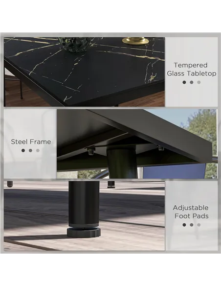 Outsunny Square Garden Table, Outdoor Dining Table for 4 with Marble Effect Tempered Glass Top and Steel Frame for Patio, Black