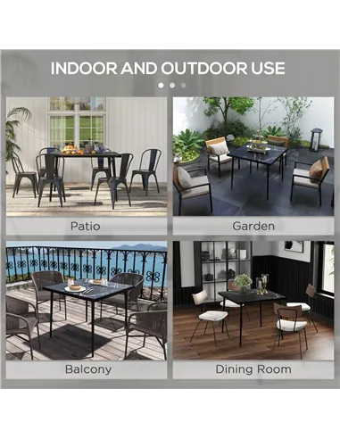 Outsunny Square Garden Table, Outdoor Dining Table for 4 with Marble Effect Tempered Glass Top and Steel Frame for Patio, Black