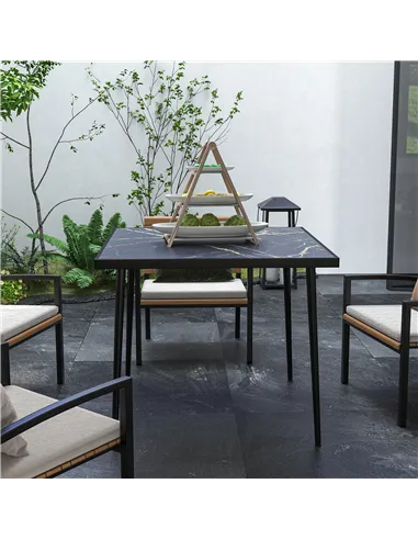 Outsunny Square Garden Table, Outdoor Dining Table for 4 with Marble Effect Tempered Glass Top and Steel Frame for Patio, Black