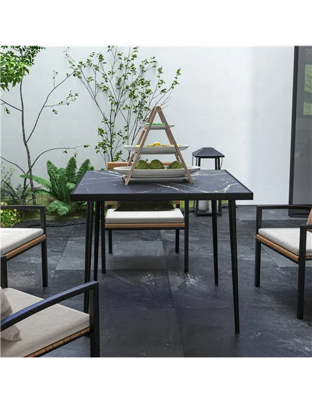 Outsunny Square Garden Table, Outdoor Dining Table for 4 with Marble Effect Tempered Glass Top and Steel Frame for Patio, Black