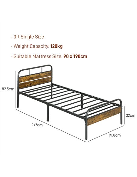 HOMCOM Industrial-Style Single Bed Frame - Black/Brown