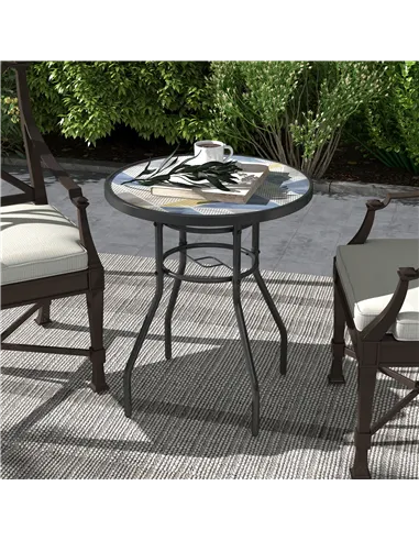Outsunny Φ60 Garden Table, with Glass Printed Tabletop - Multicolour