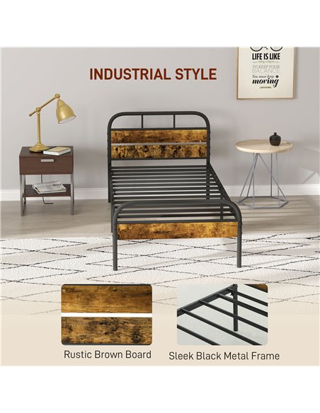 HOMCOM Industrial-Style Single Bed Frame - Black/Brown