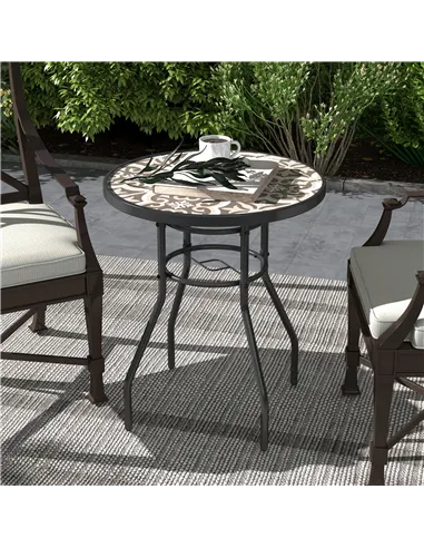 Outsunny Φ60 Garden Table, with Glass Printed Tabletop - Brown