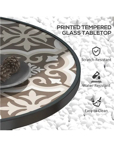 Outsunny Φ60 Garden Table, with Glass Printed Tabletop - Brown