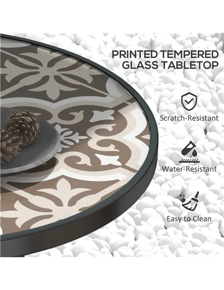 Outsunny Φ60 Garden Table, with Glass Printed Tabletop - Brown