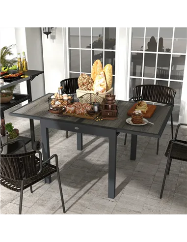 Outsunny Extending Garden Table, Outdoor Dining Table for 6, Aluminium Frame Rectangular Patio Table with Plastic Board Tabletop