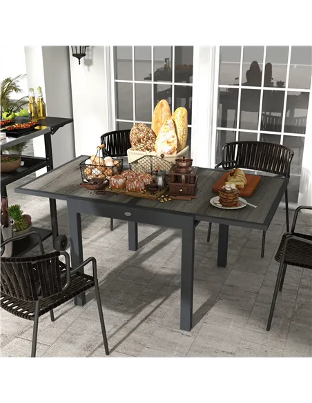Outsunny Extending Garden Table, Outdoor Dining Table for 6, Aluminium Frame Rectangular Patio Table with Plastic Board Tabletop