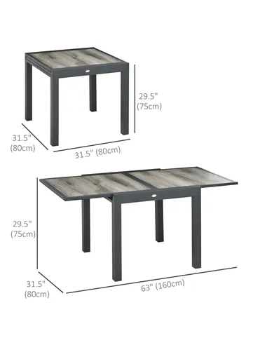 Outsunny Extending Garden Table, Outdoor Dining Table for 6, Aluminium Frame Rectangular Patio Table with Plastic Board Tabletop