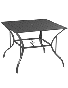 Outsunny 94 x 94 cm Garden Table with Parasol Hole, Outdoor Dining Garden Table for Four with Slatted Metal Plate Top, Dark Grey