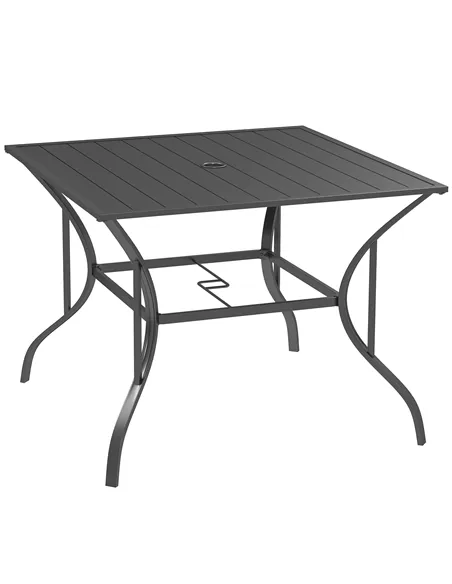 Outsunny 94 x 94 cm Garden Table with Parasol Hole, Outdoor Dining Garden Table for Four with Slatted Metal Plate Top, Dark Grey
